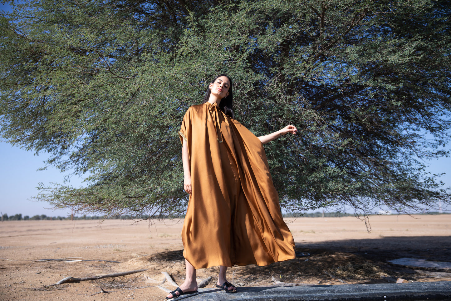 Silk Kaftan - Rust - with handmade crochet