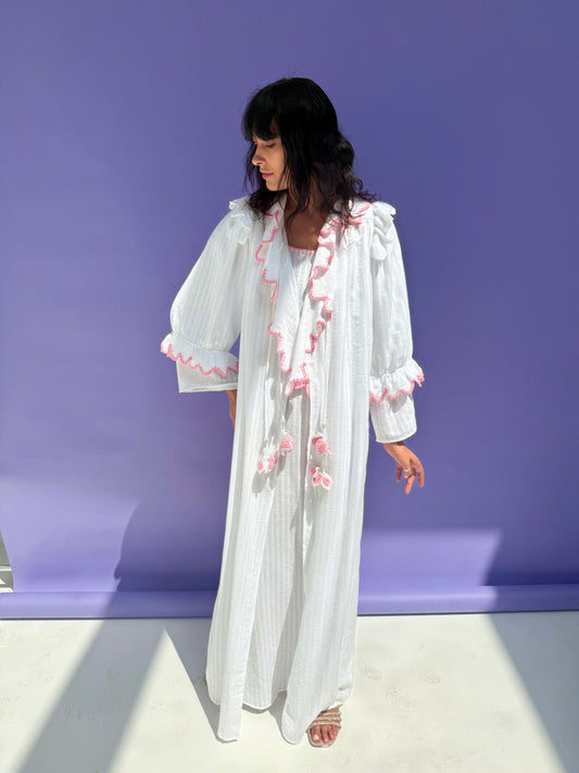 Stripe Muslin Butterfly Abaya Set - White
