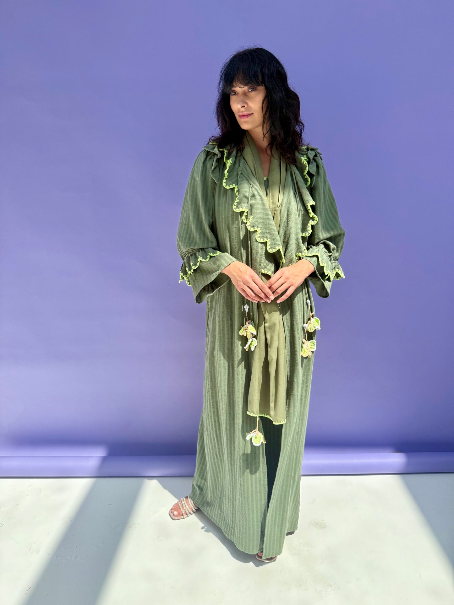 Stripe Muslin Butterfly Abaya set - Green