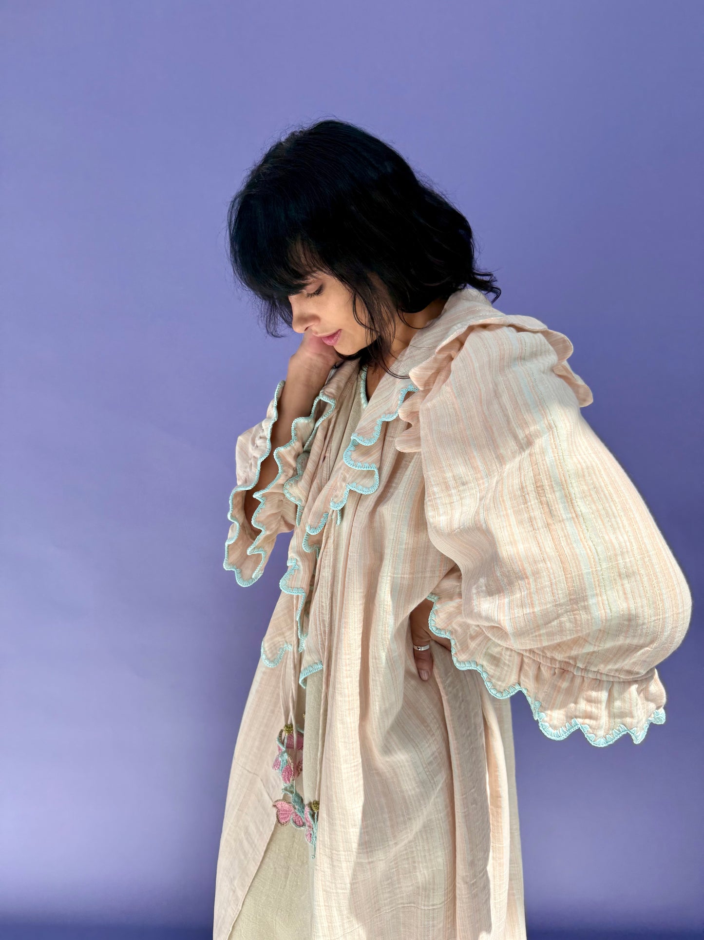 Stripe Muslin Butterfly Abaya Set - Pink Stripe