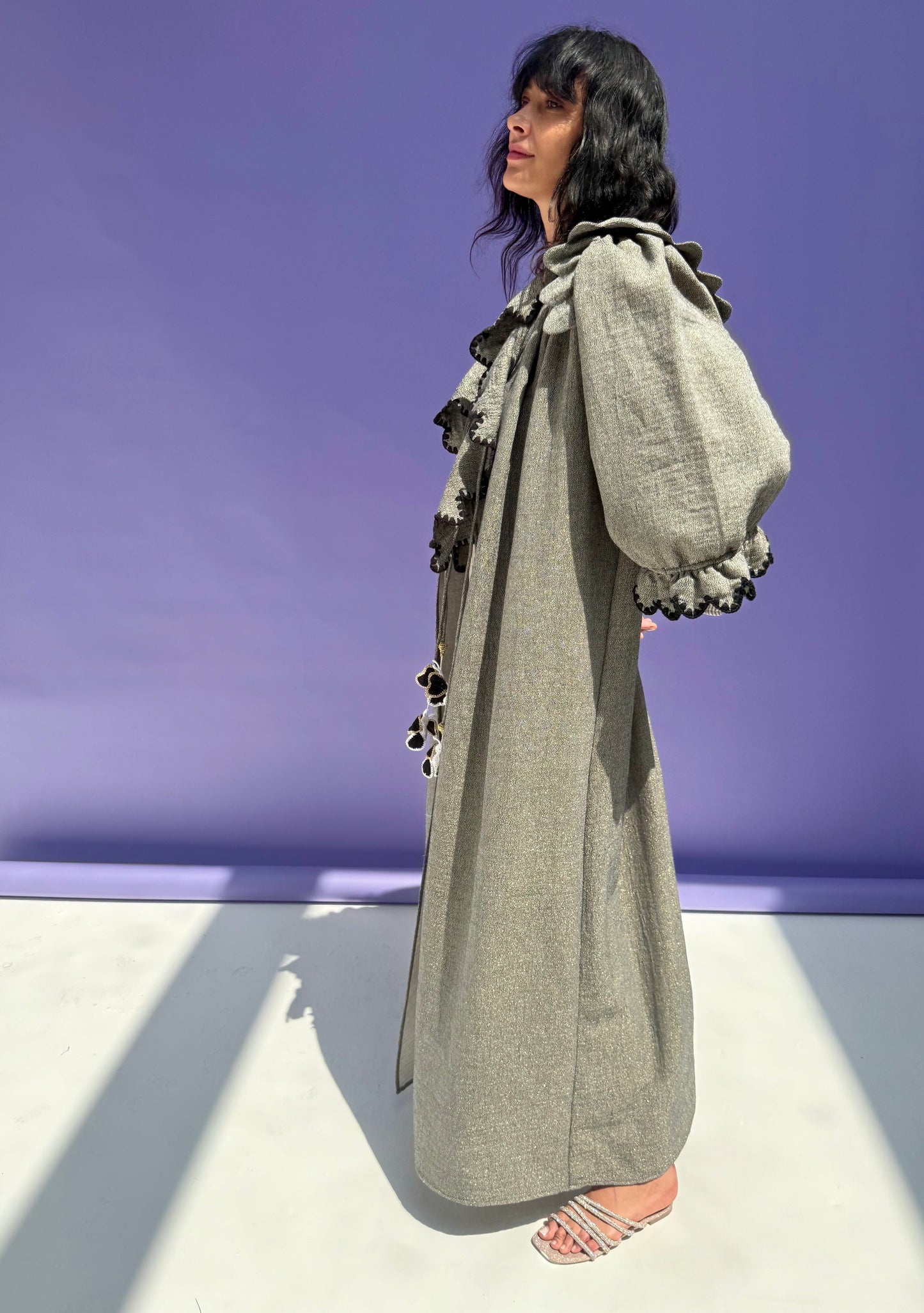 Stripe Muslin Butterfly Abaya Set - Shimmer Grey
