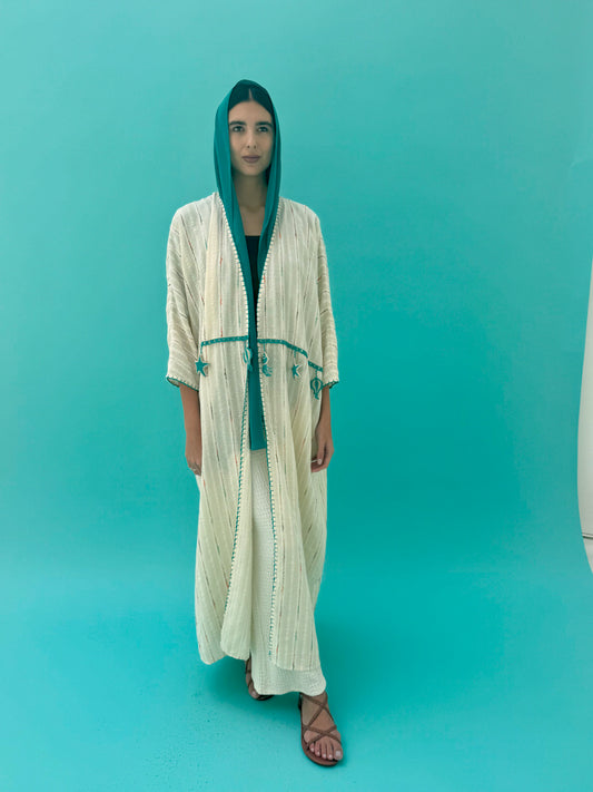 Seaworld Drop- Oatmeal linen abaya with turquoise handmade crochet