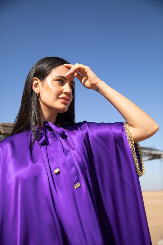 Silk kaftan with handmade crochet - Purple