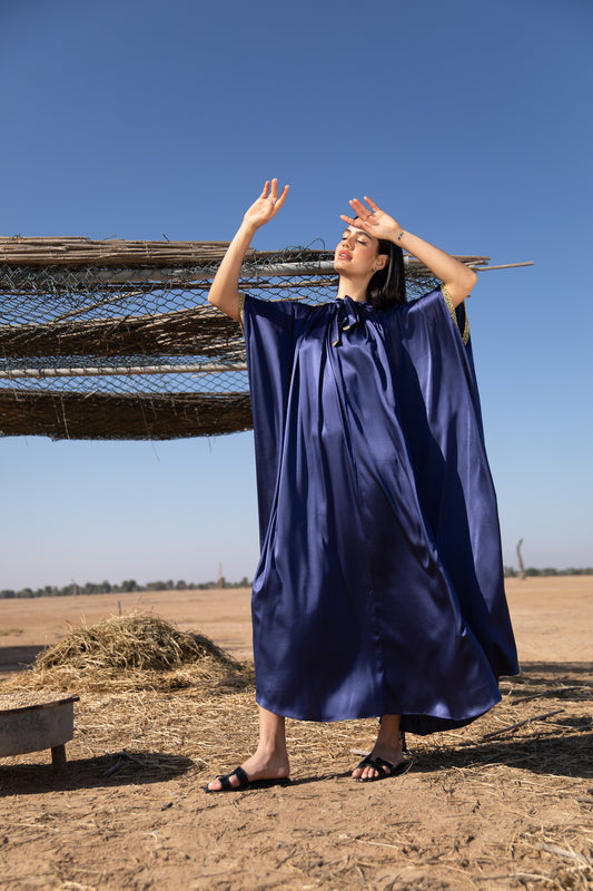 Silk Kaftan with Handmade crochet - Navy Blue