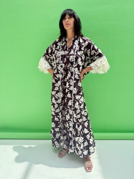 Daisy Drop 2 - floral print abaya set with handmade crochet sleeves