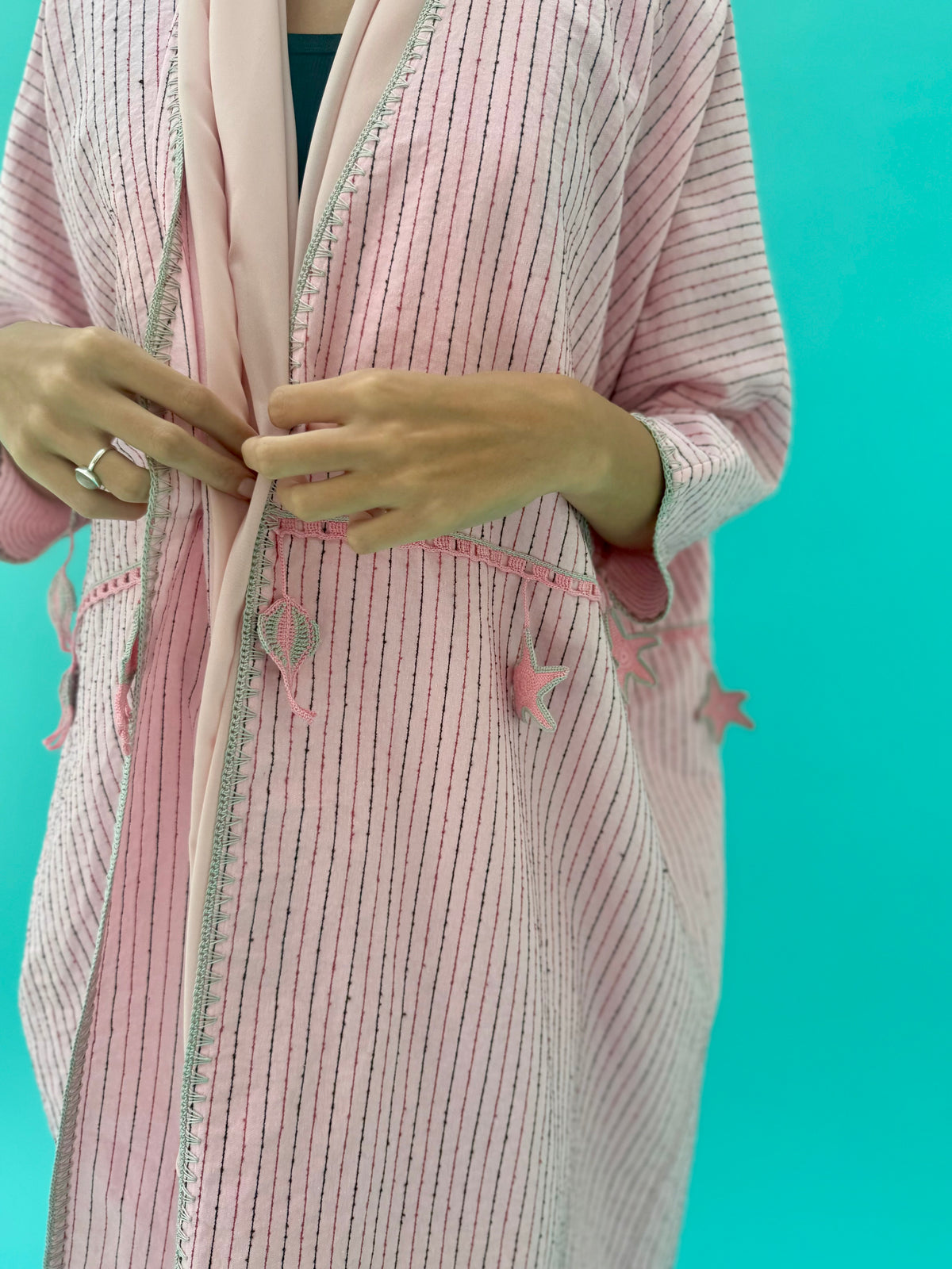Seaworld Drop- Pink linen abaya with black  handmade crochet