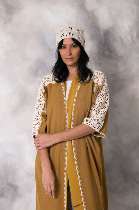 Mustard light wool abaya with handmade crochet