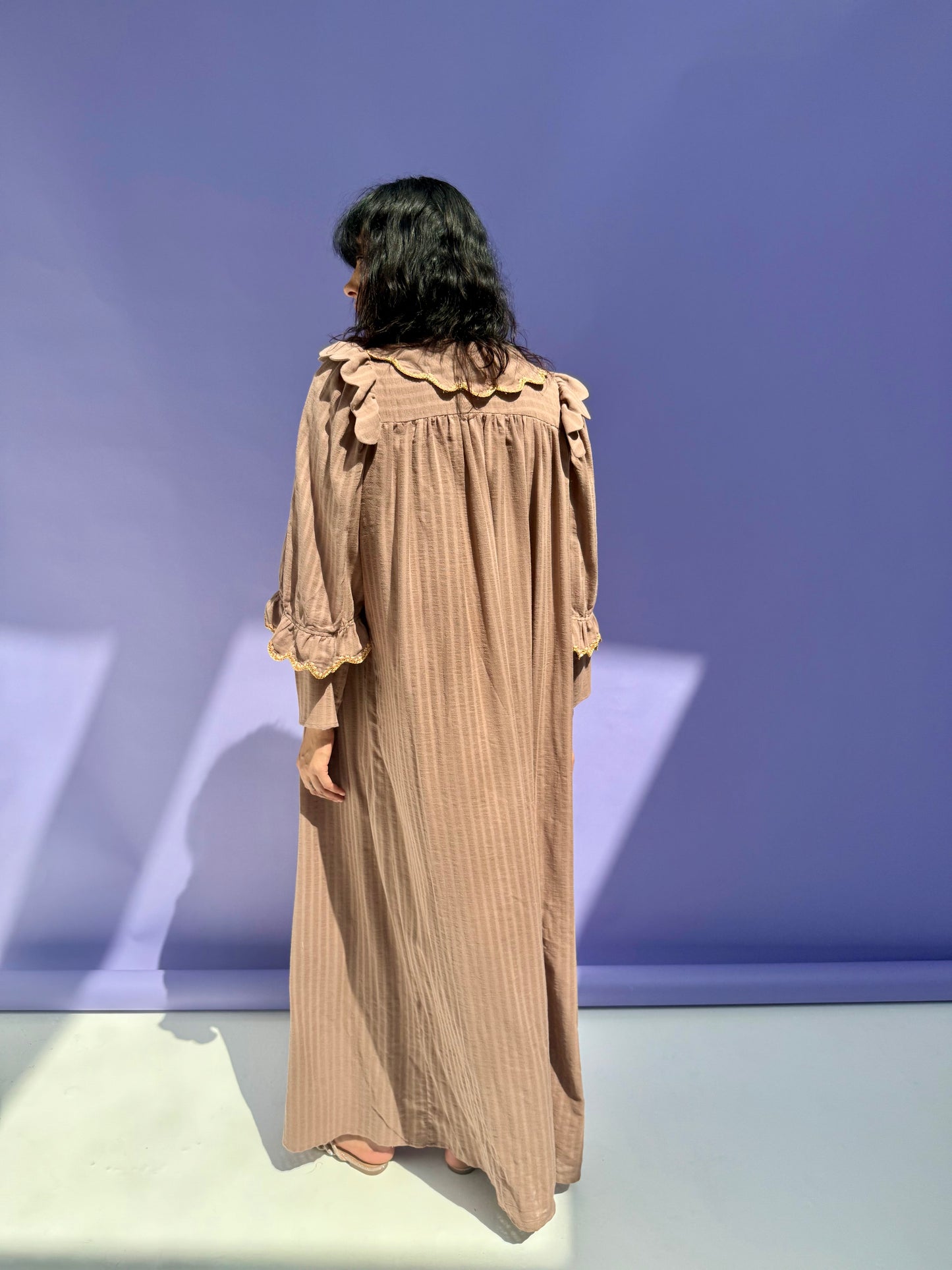 Stripe Muslin Butterfly Abaya Set - Brown