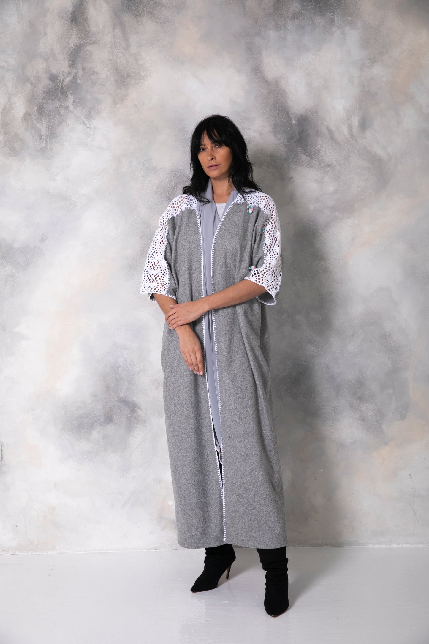 Light grey wool abaya with handmade crochet