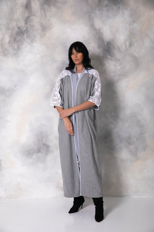 Light grey wool abaya with handmade crochet