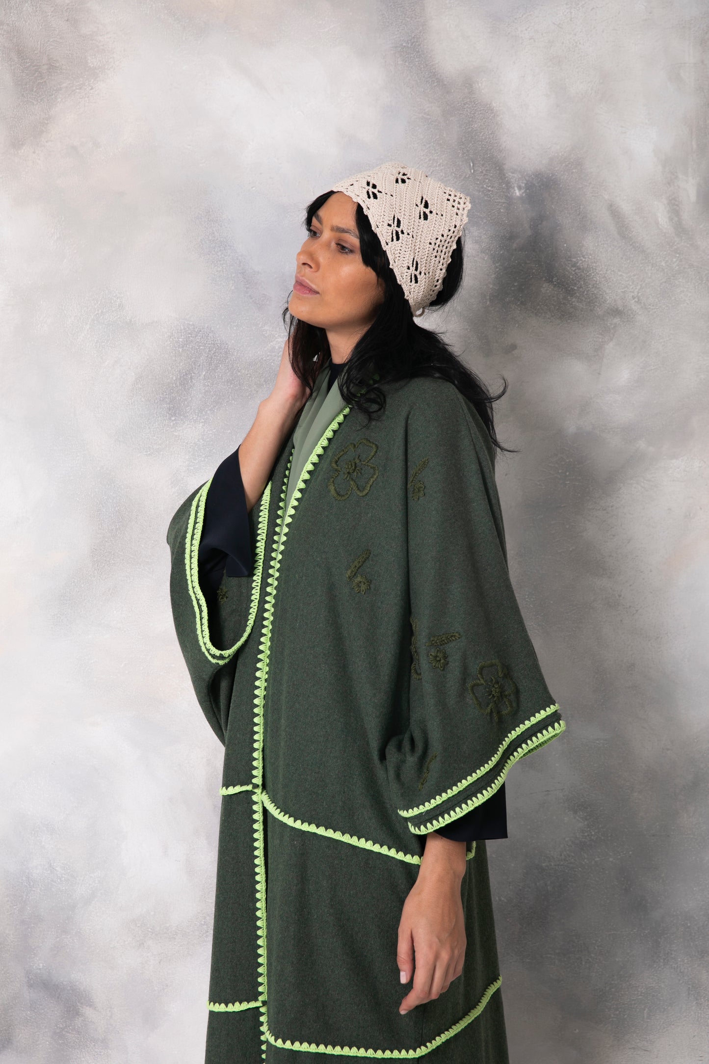 Dark Green Wool abaya with handmade crochet and embroidery