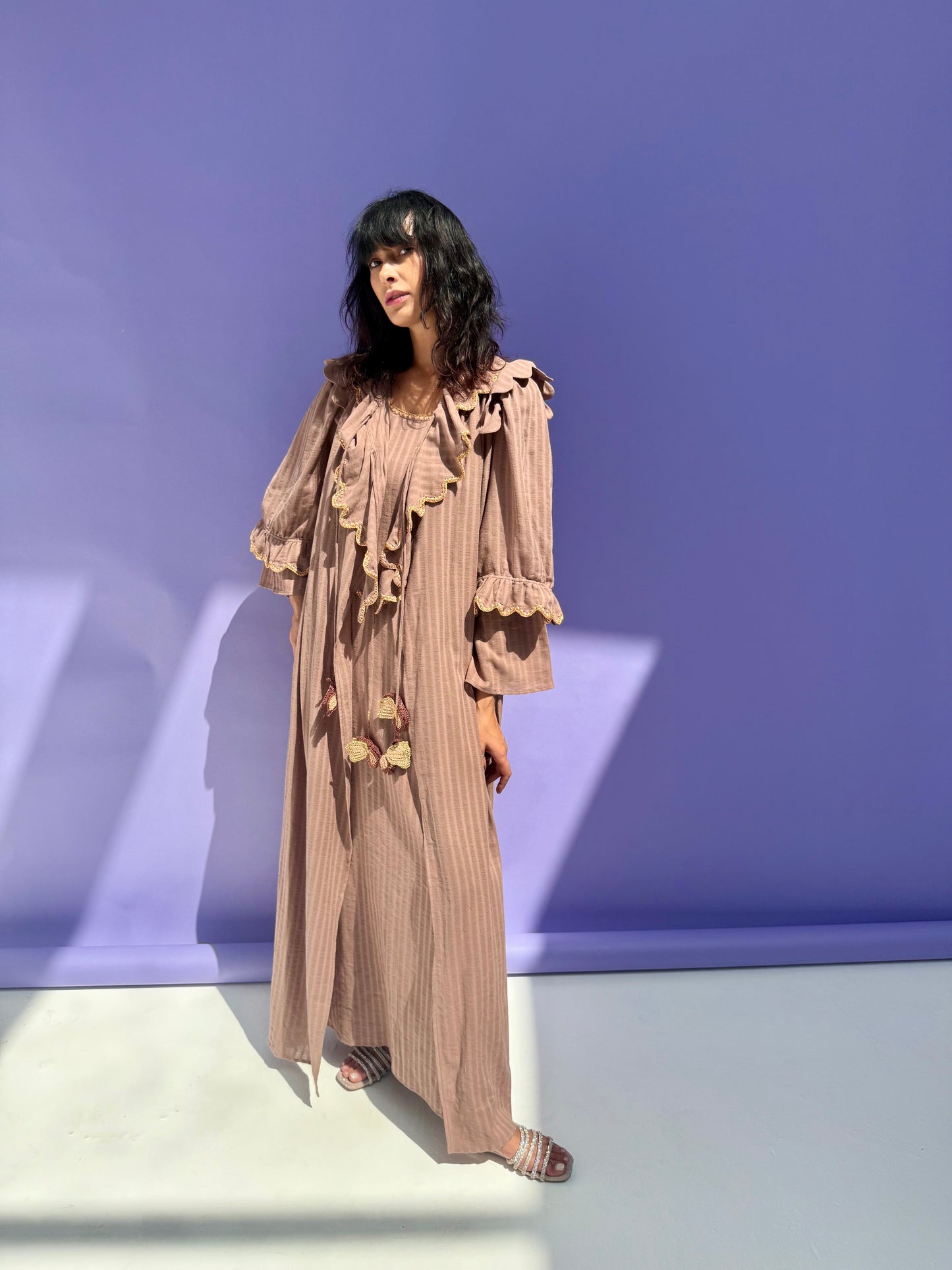 Stripe Muslin Butterfly Abaya Set - Brown