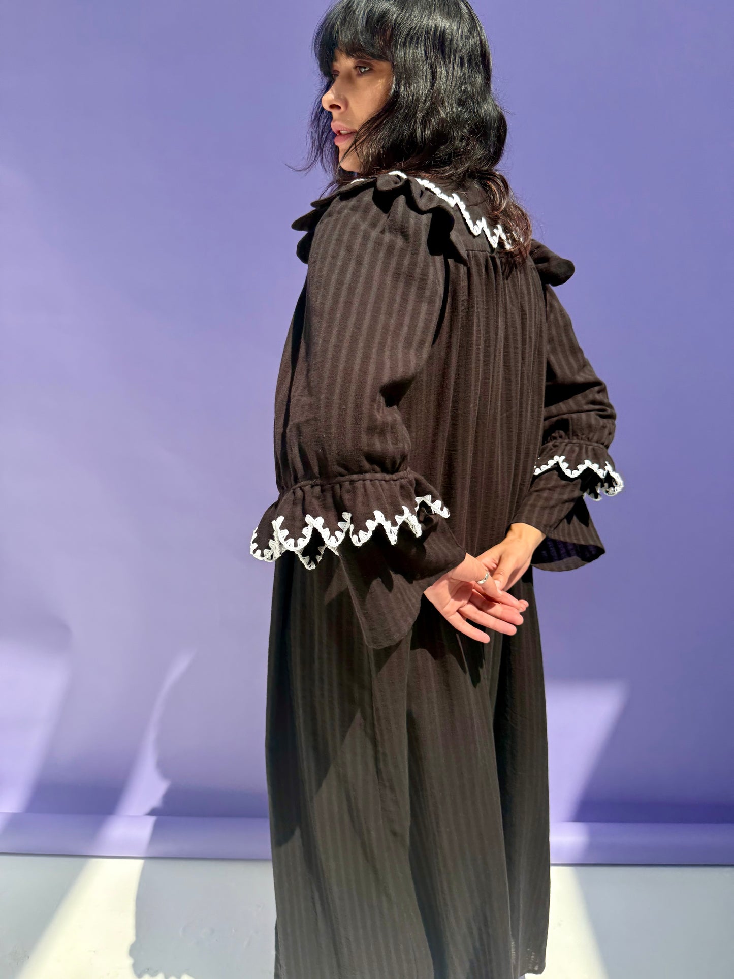 Stripe Muslin Butterfly Abaya Set - Black