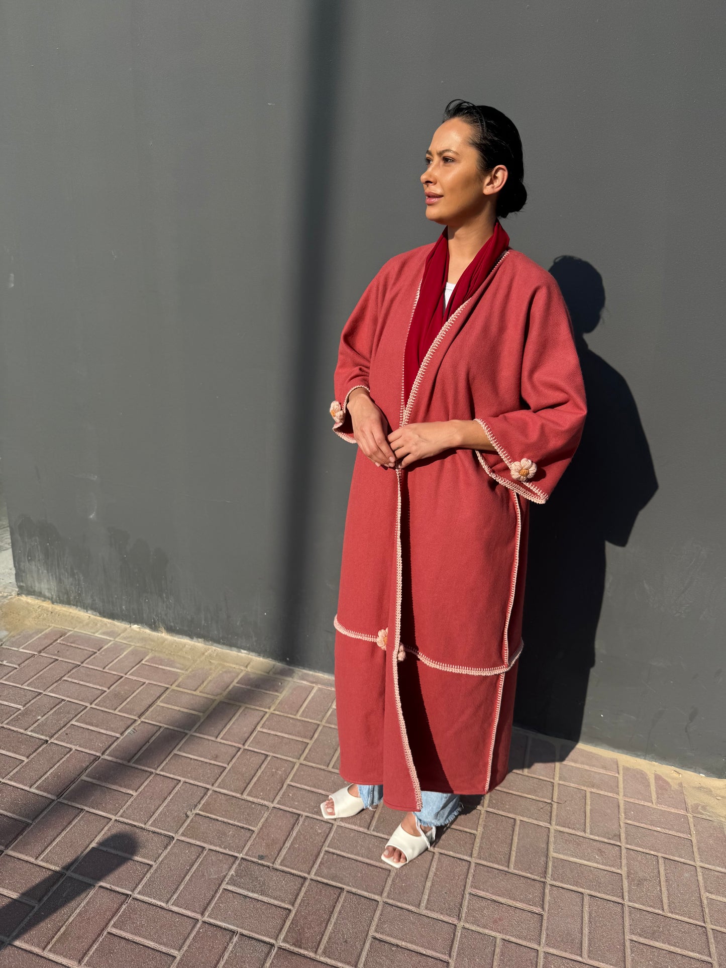 Cashmere wool abaya with handmade crochet - Maroon