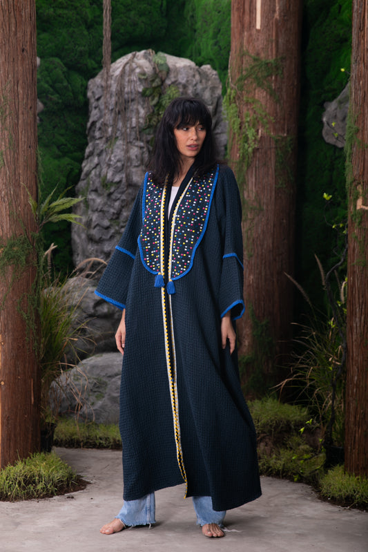 Waffle Linen abaya with handmade embroidery and crochet - Navy Blue