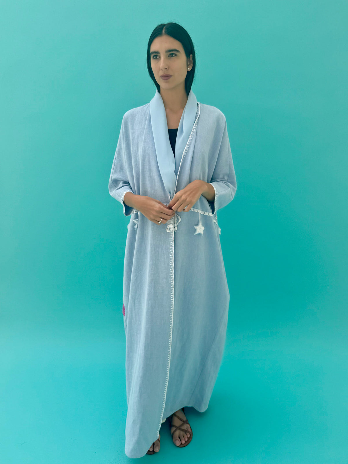 Seaworld Drop- Light Blue linen abaya with white handmade crochet