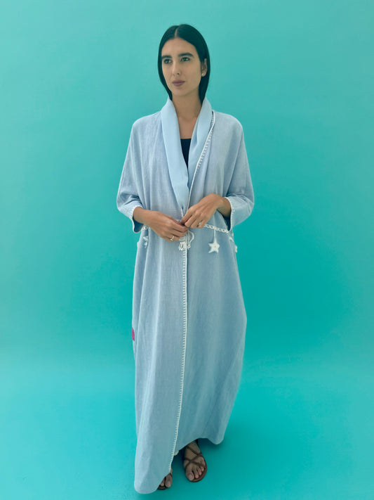 Seaworld Drop- Light Blue linen abaya with white handmade crochet