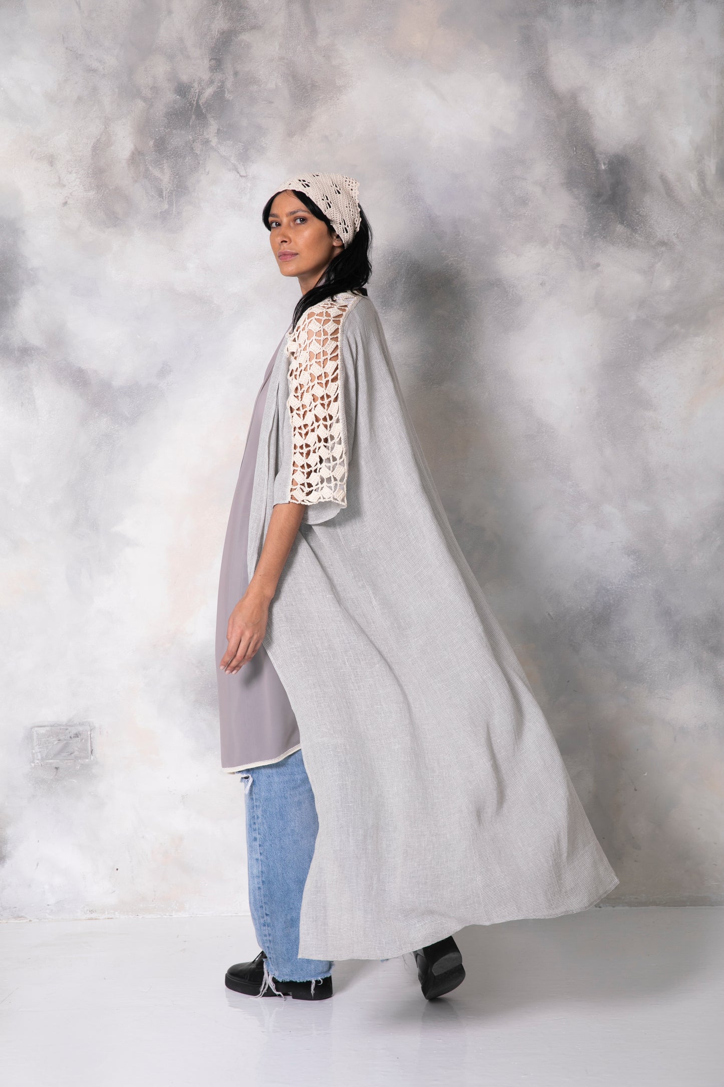 Grey small check linen abaya with handmade crochet