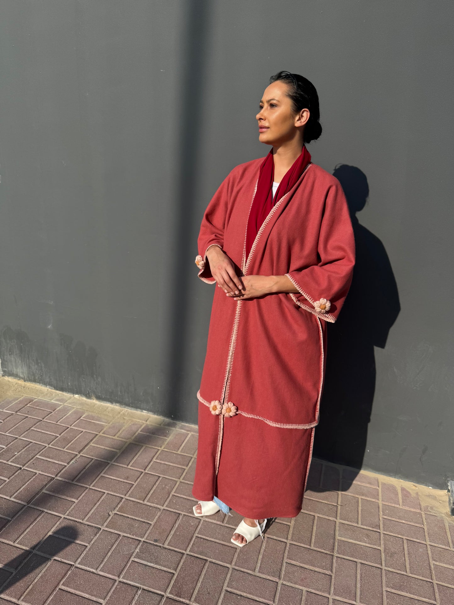 Cashmere wool abaya with handmade crochet - Maroon