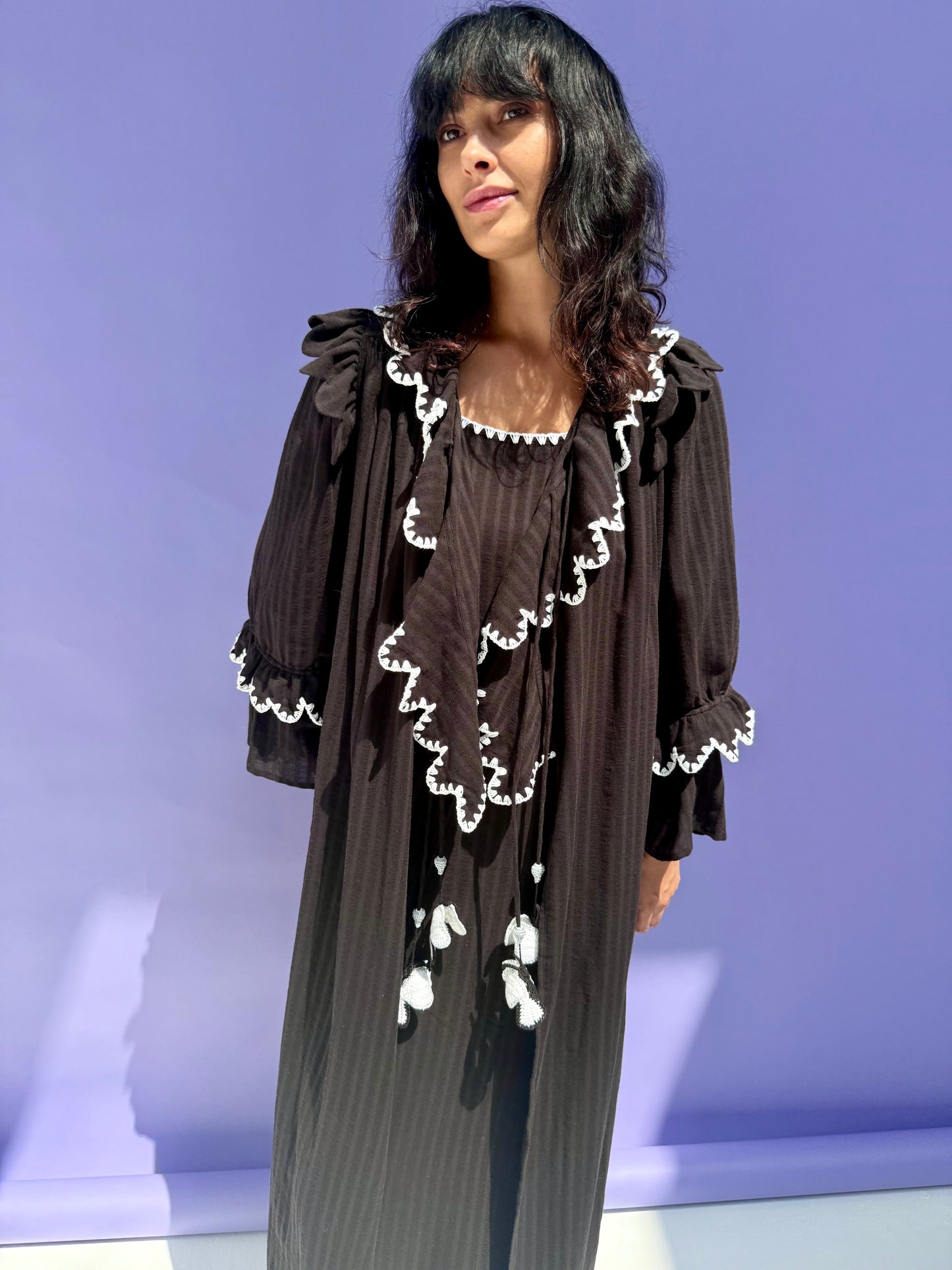 Stripe Muslin Butterfly Abaya Set - Black