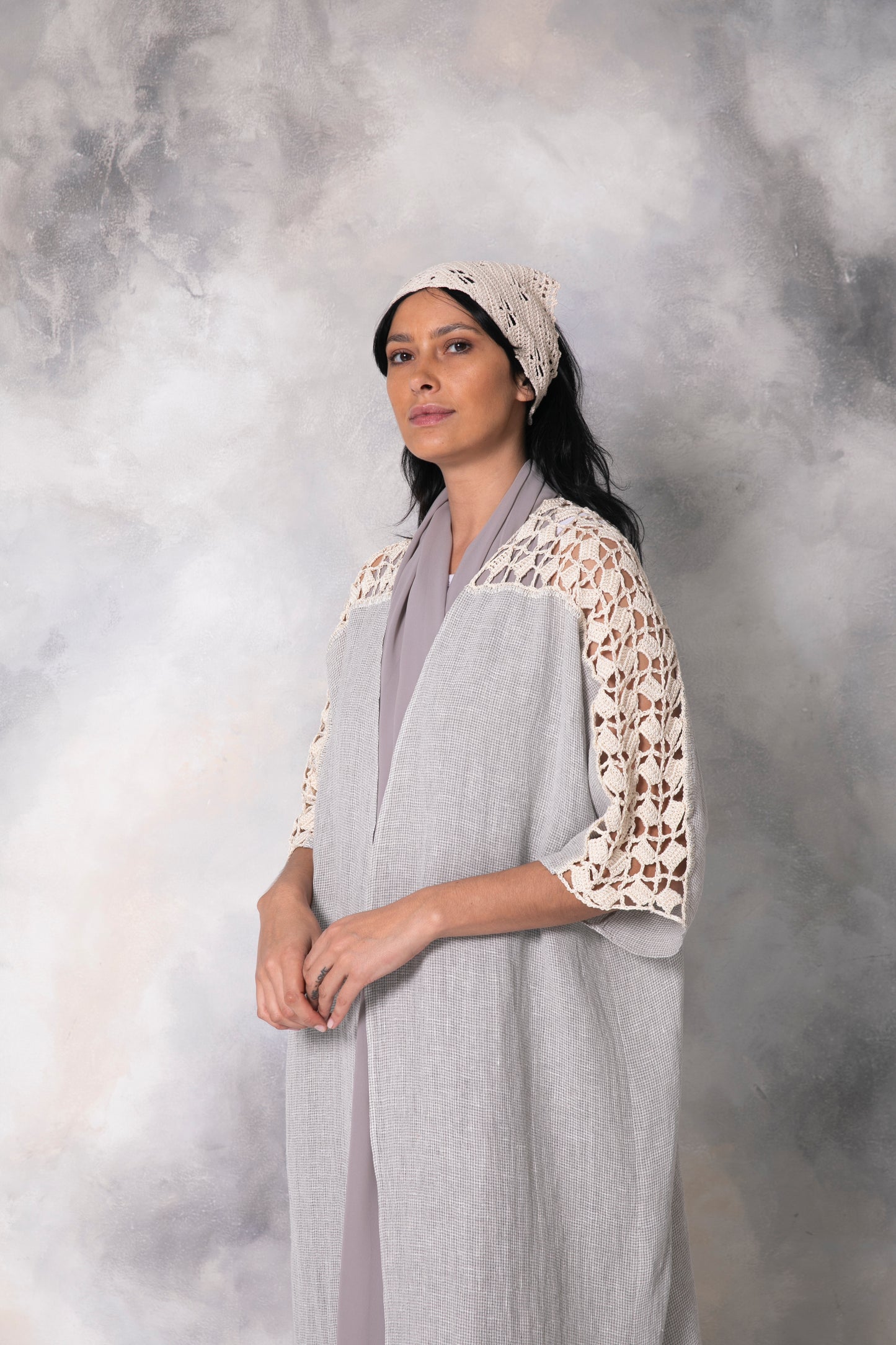 Grey small check linen abaya with handmade crochet