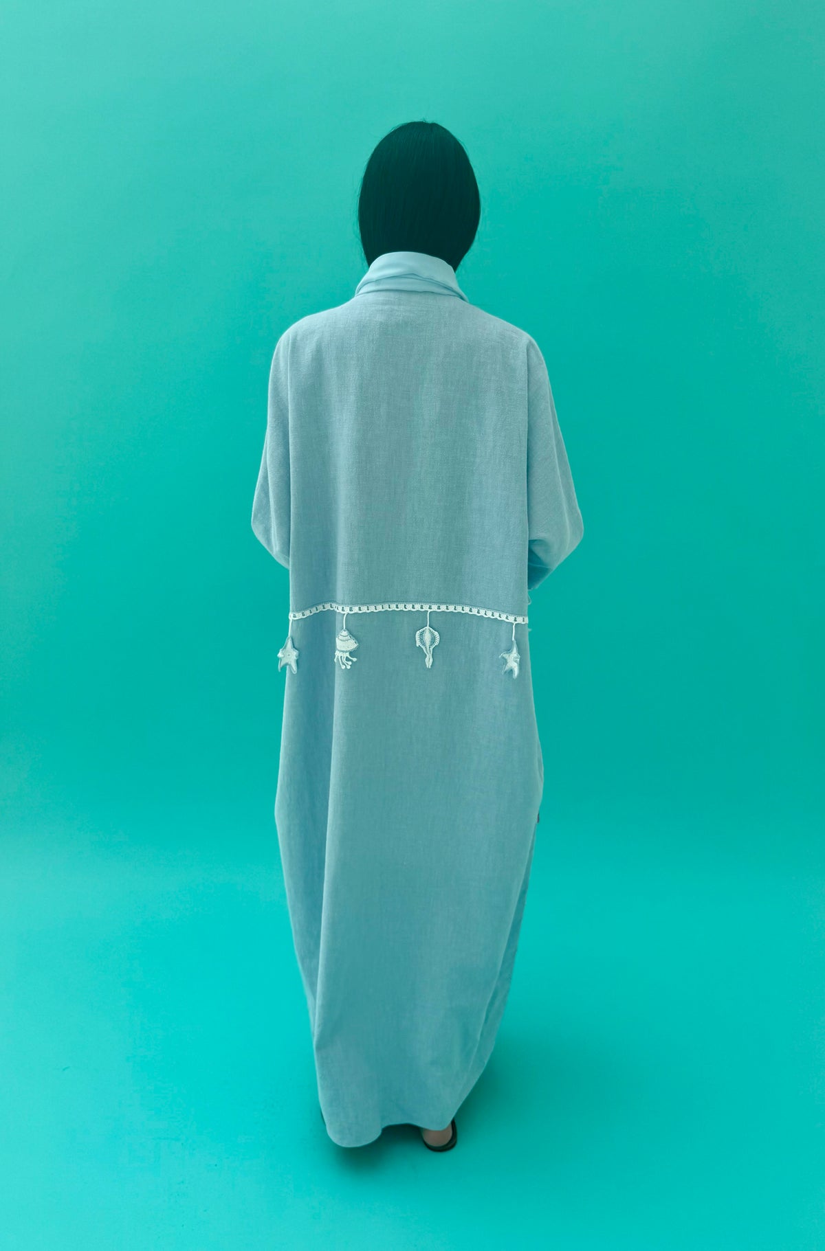 Seaworld Drop- Light Blue linen abaya with white handmade crochet