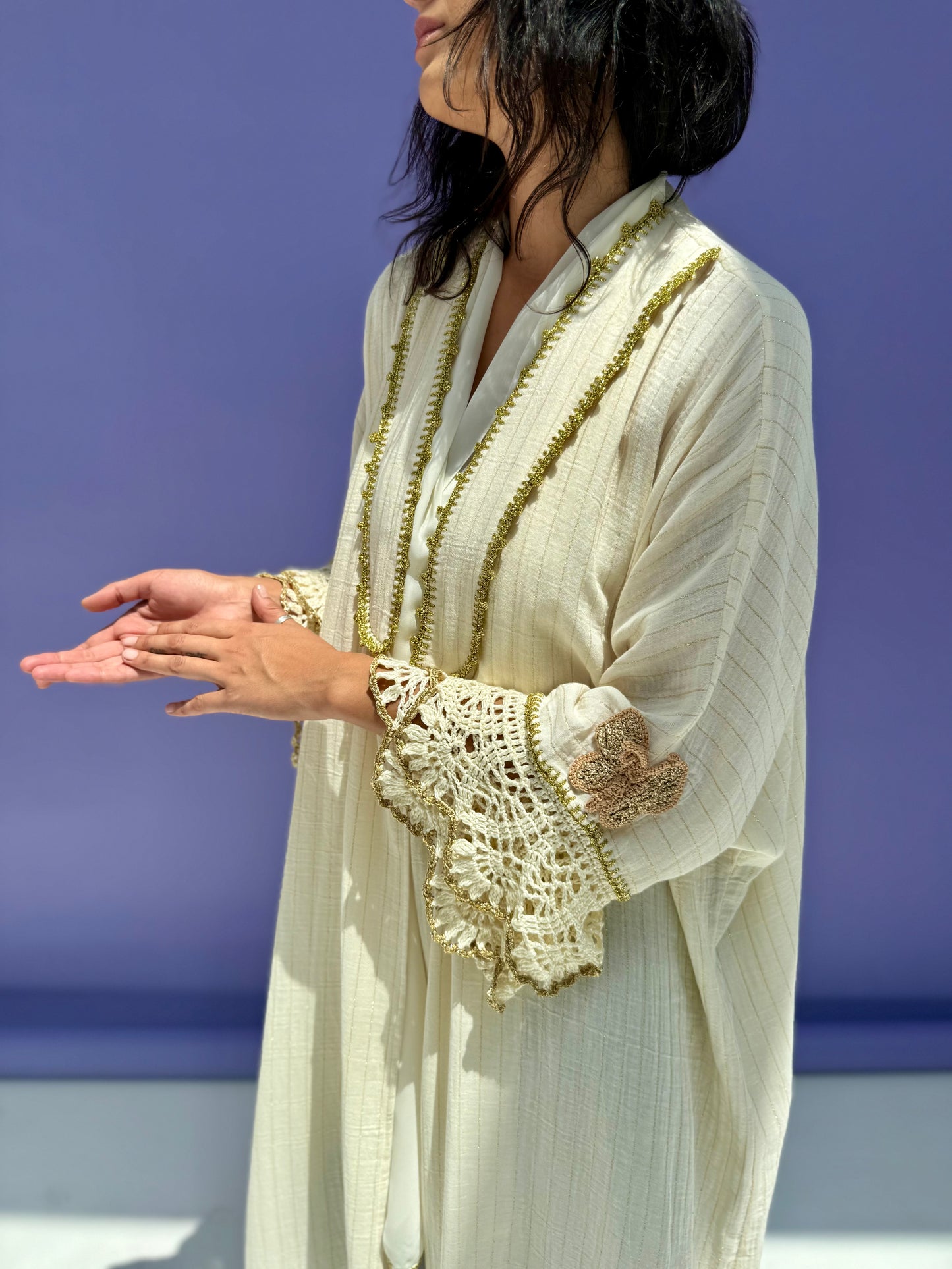 Golden Stripe Muslin Abaya Butterfly