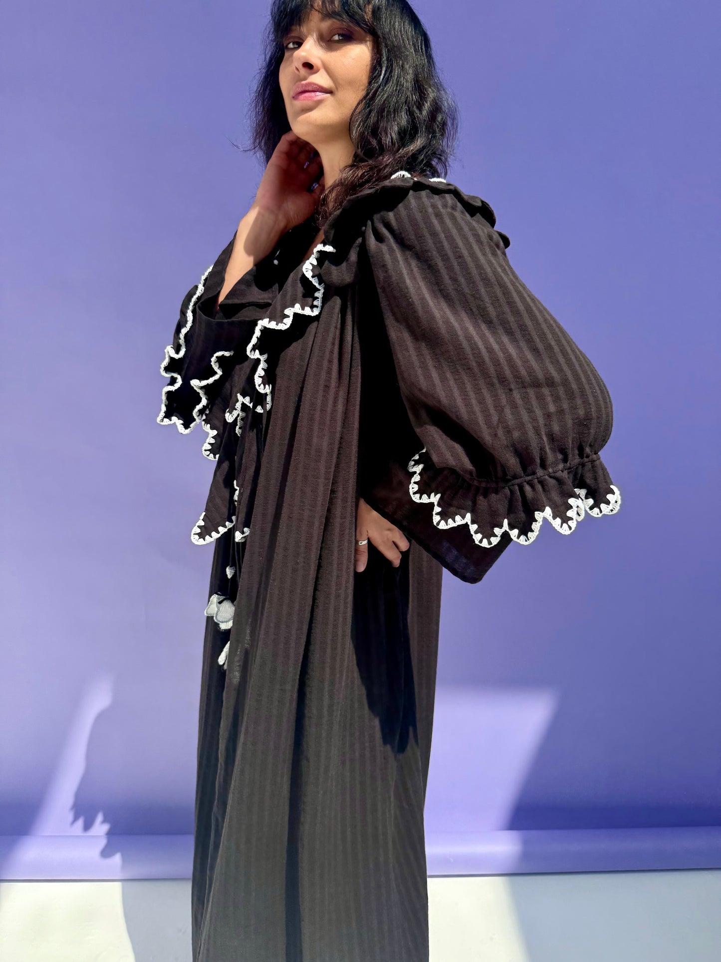 Stripe Muslin Butterfly Abaya Set - Black
