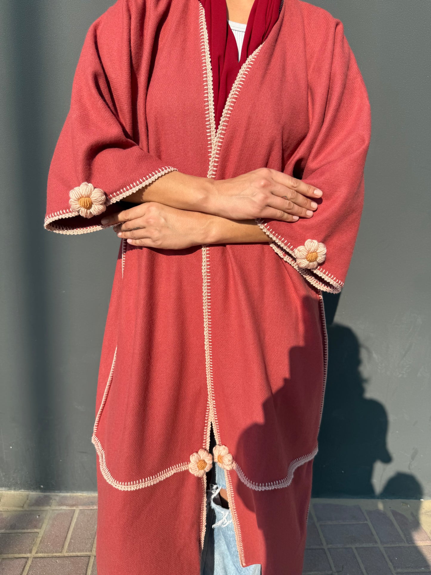 Cashmere wool abaya with handmade crochet - Maroon