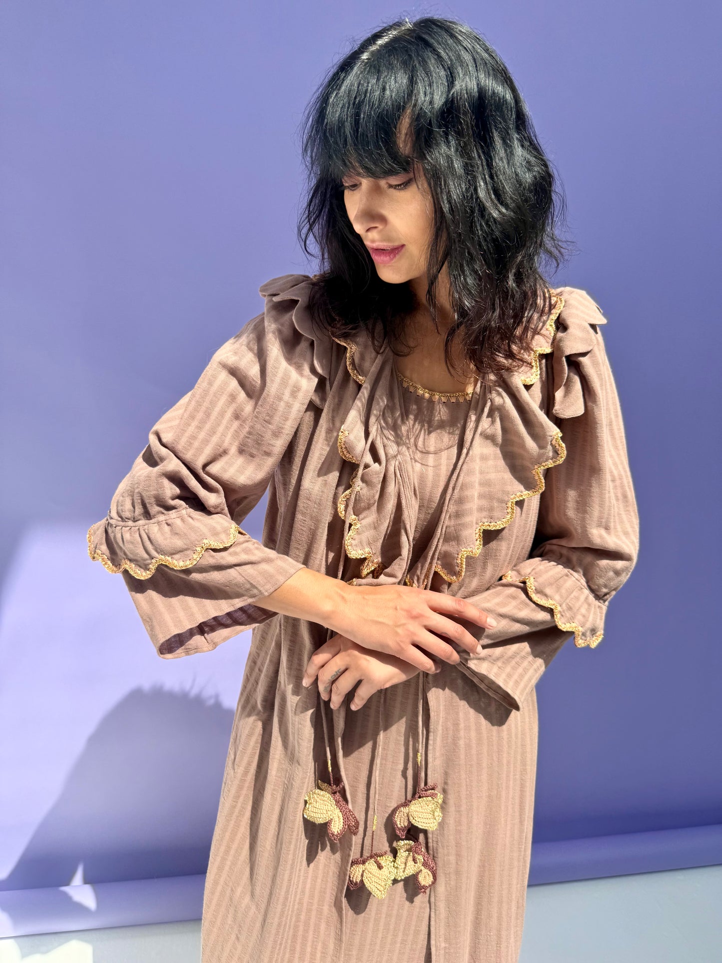 Stripe Muslin Butterfly Abaya Set - Brown