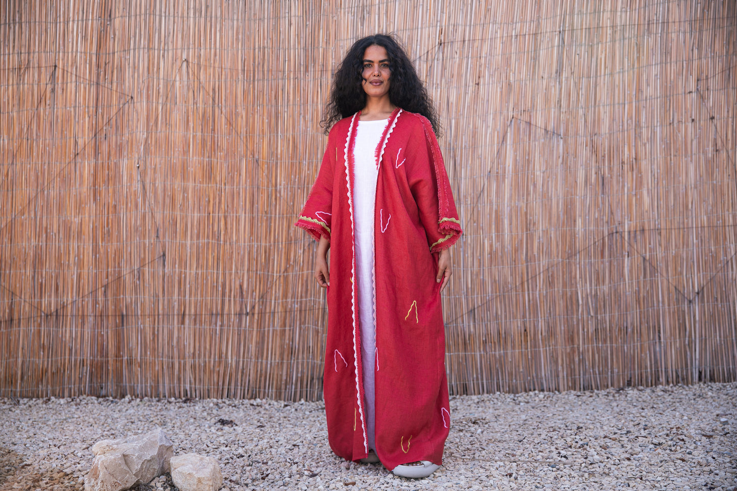 Linen abaya with handmade crochet and embroidery - Red