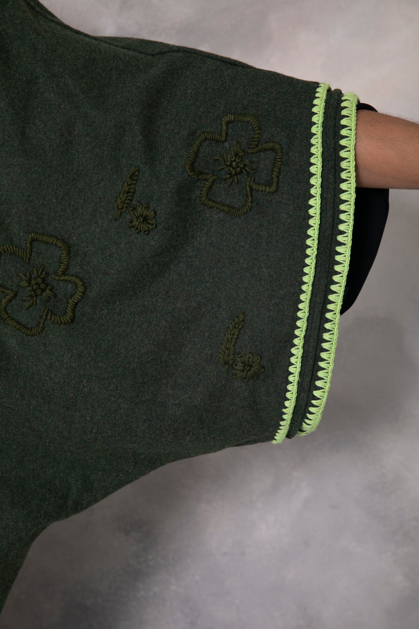 Dark Green Wool abaya with handmade crochet and embroidery