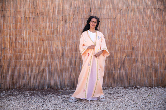 Linen abaya with handmade embroidery and crochet - Light Orange