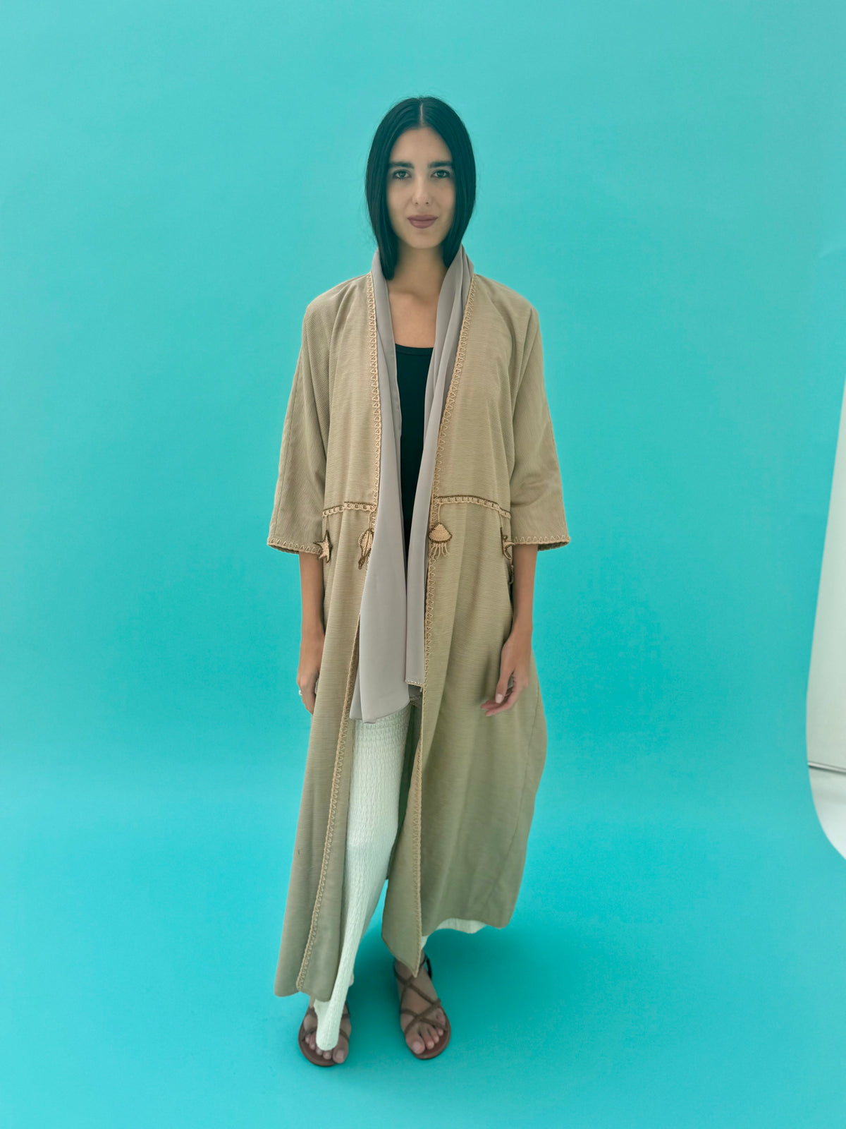 Seaworld Drop- Beige cotton abaya with beige handmade crochet