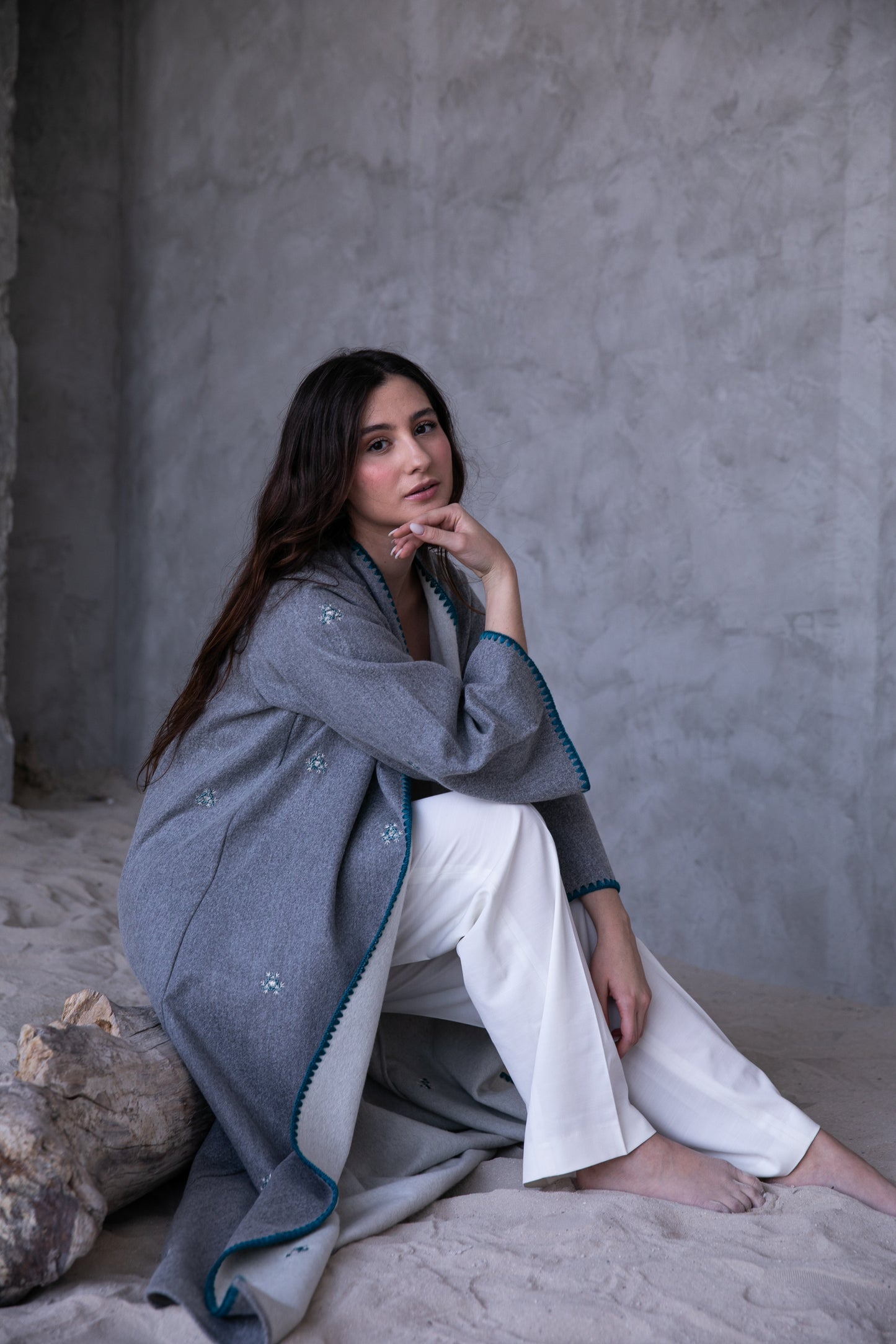Winter Abaya with handmade embroidery and Crochet - Light Grey