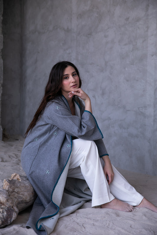 Winter Abaya with handmade embroidery and Crochet - Light Grey