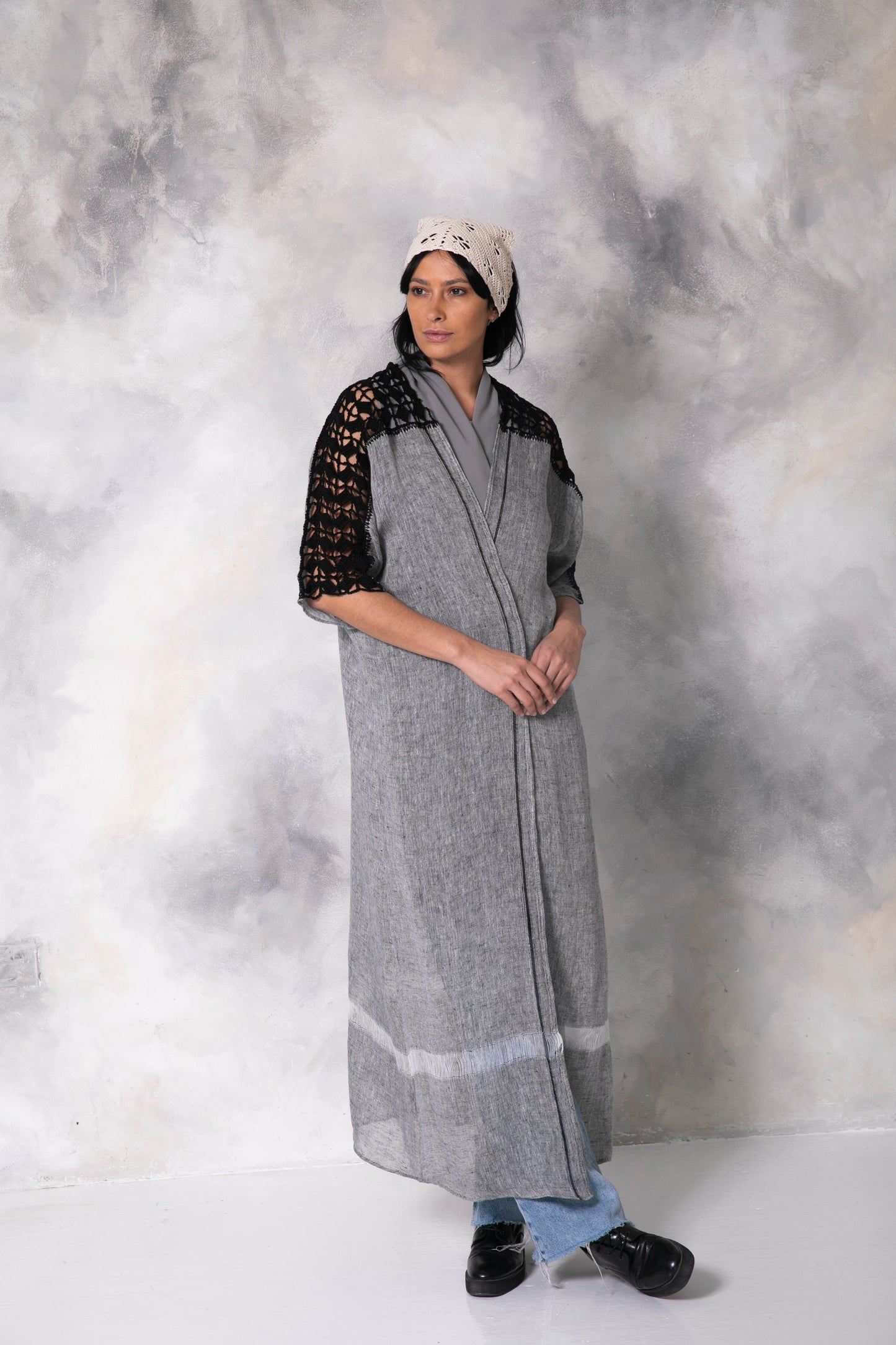 Dark grey linen abaya with handmade crochet