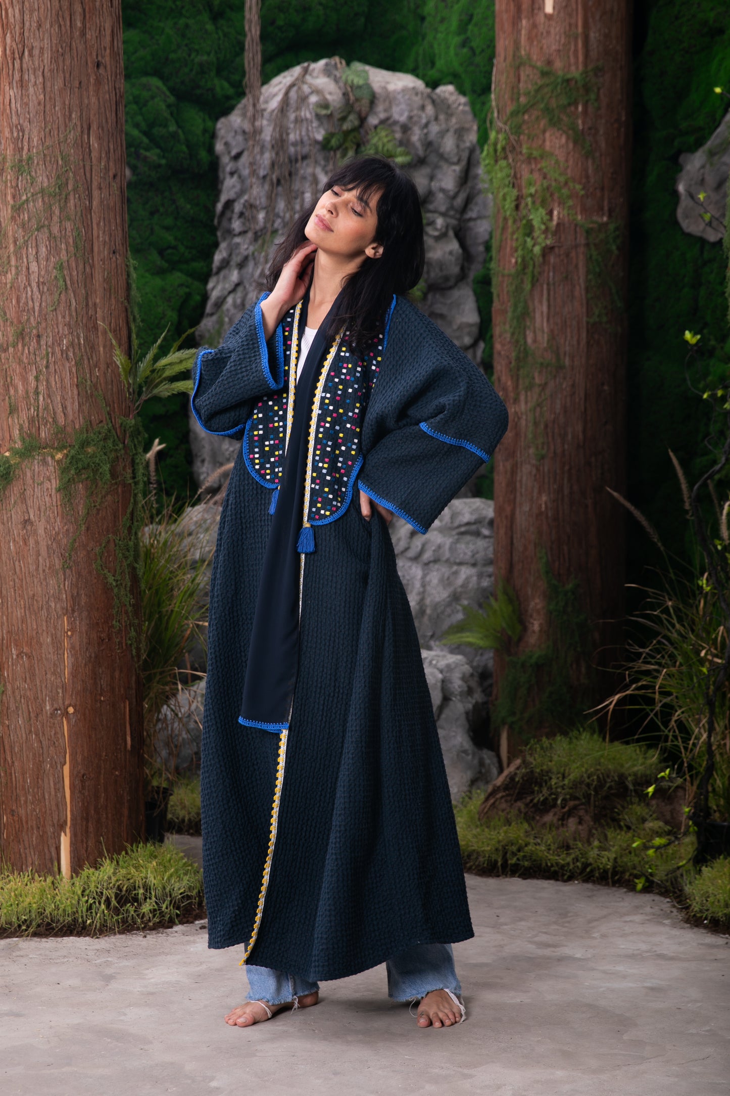 Waffle Linen abaya with handmade embroidery and crochet - Navy Blue