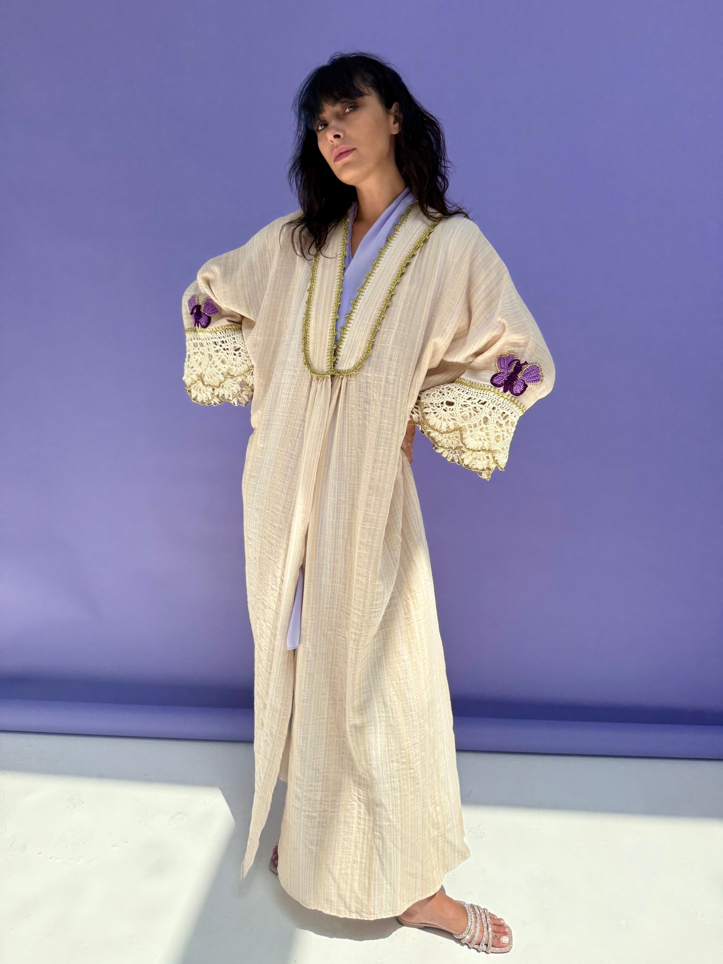 Lavender Stripe Muslin Abaya Butterfly