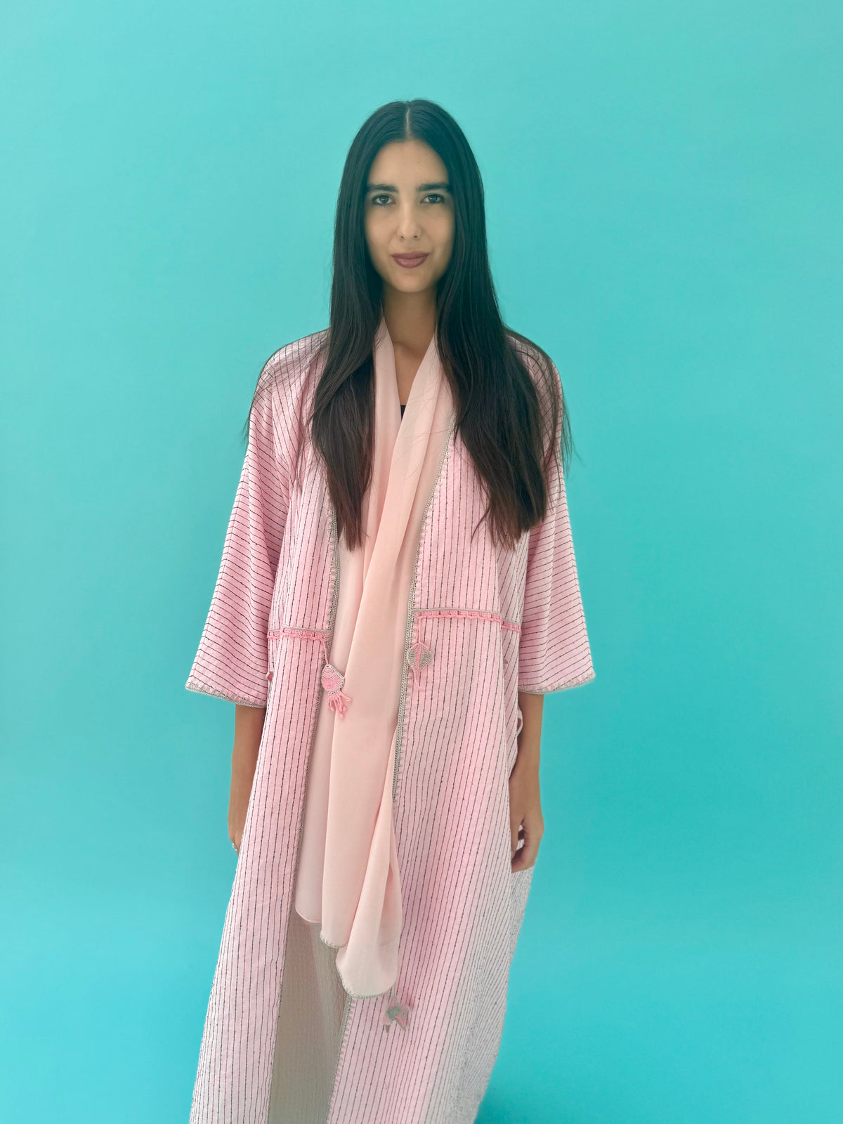 Seaworld Drop- Pink linen abaya with black  handmade crochet