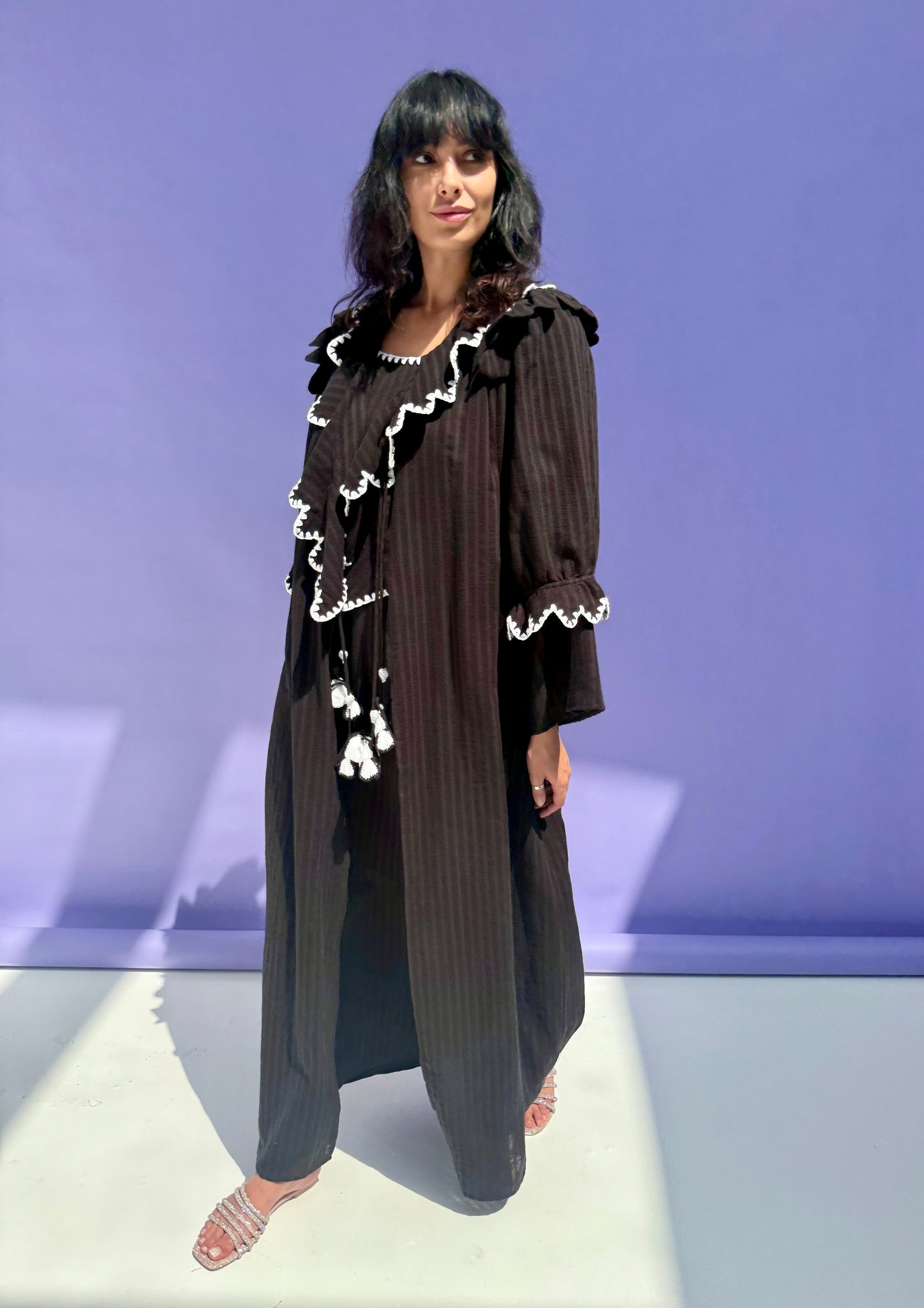 Stripe Muslin Butterfly Abaya Set - Black