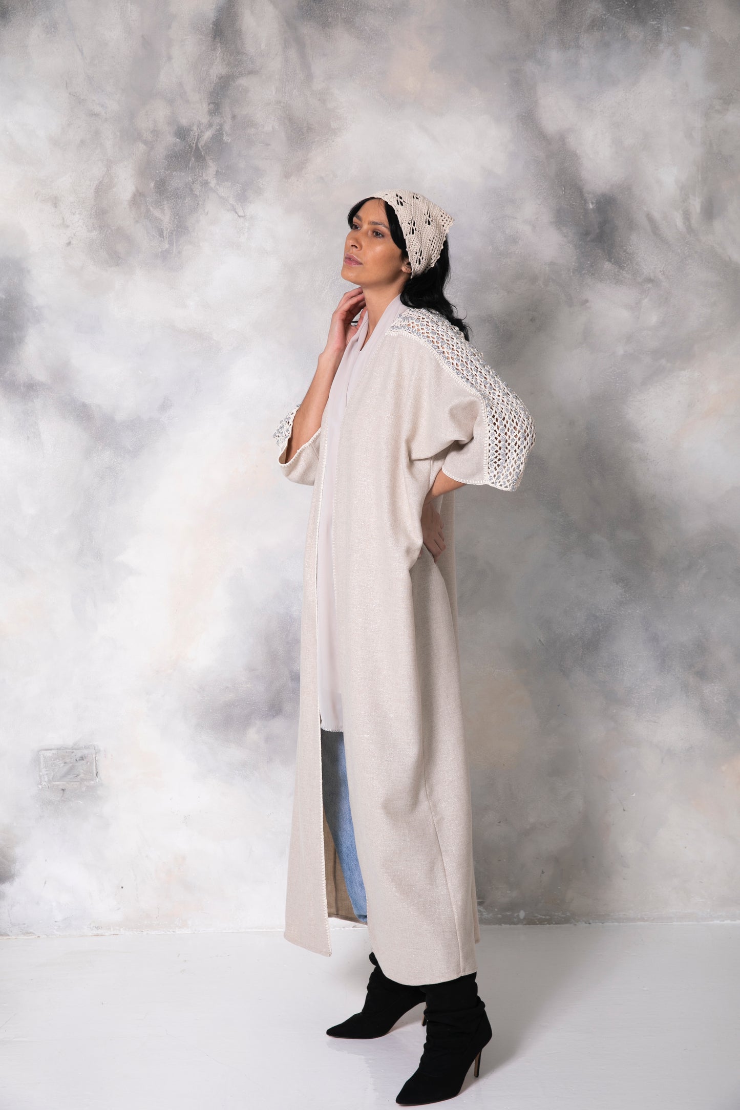 Off white silver shimmering wool abaya with handmade crochet