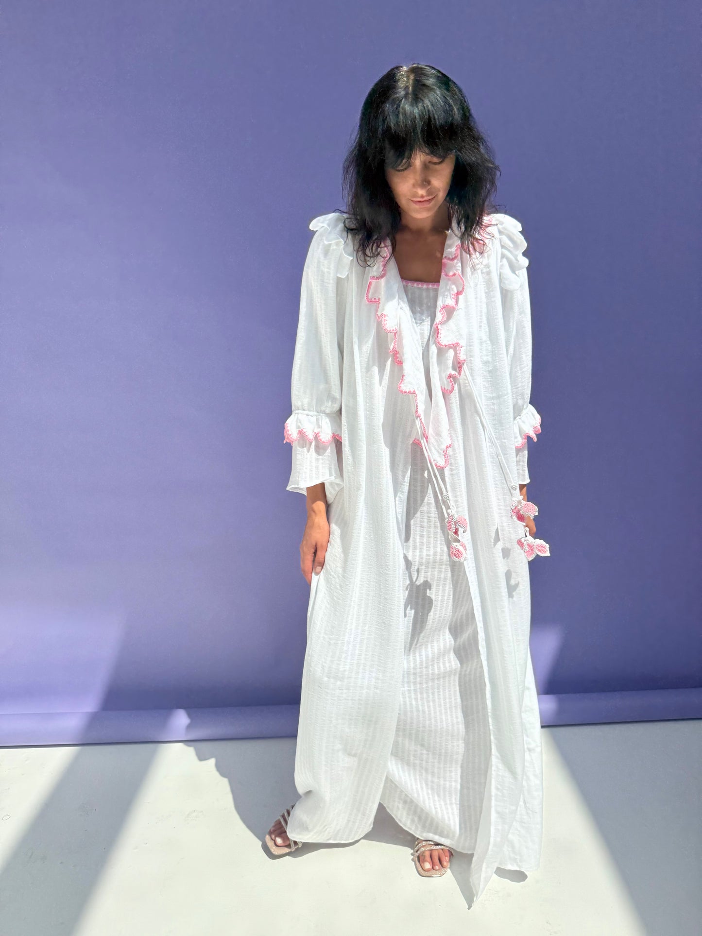 Stripe Muslin Butterfly Abaya Set - White