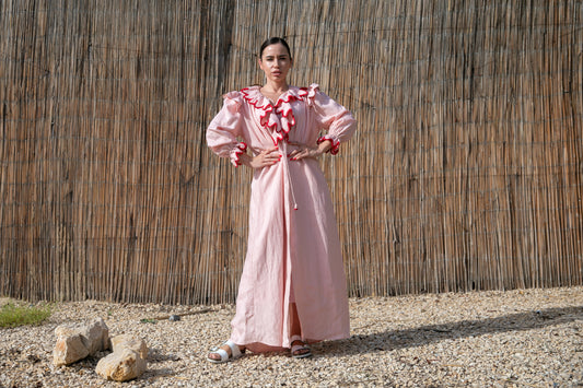 Linen abaya with handmade crochet - Light pink