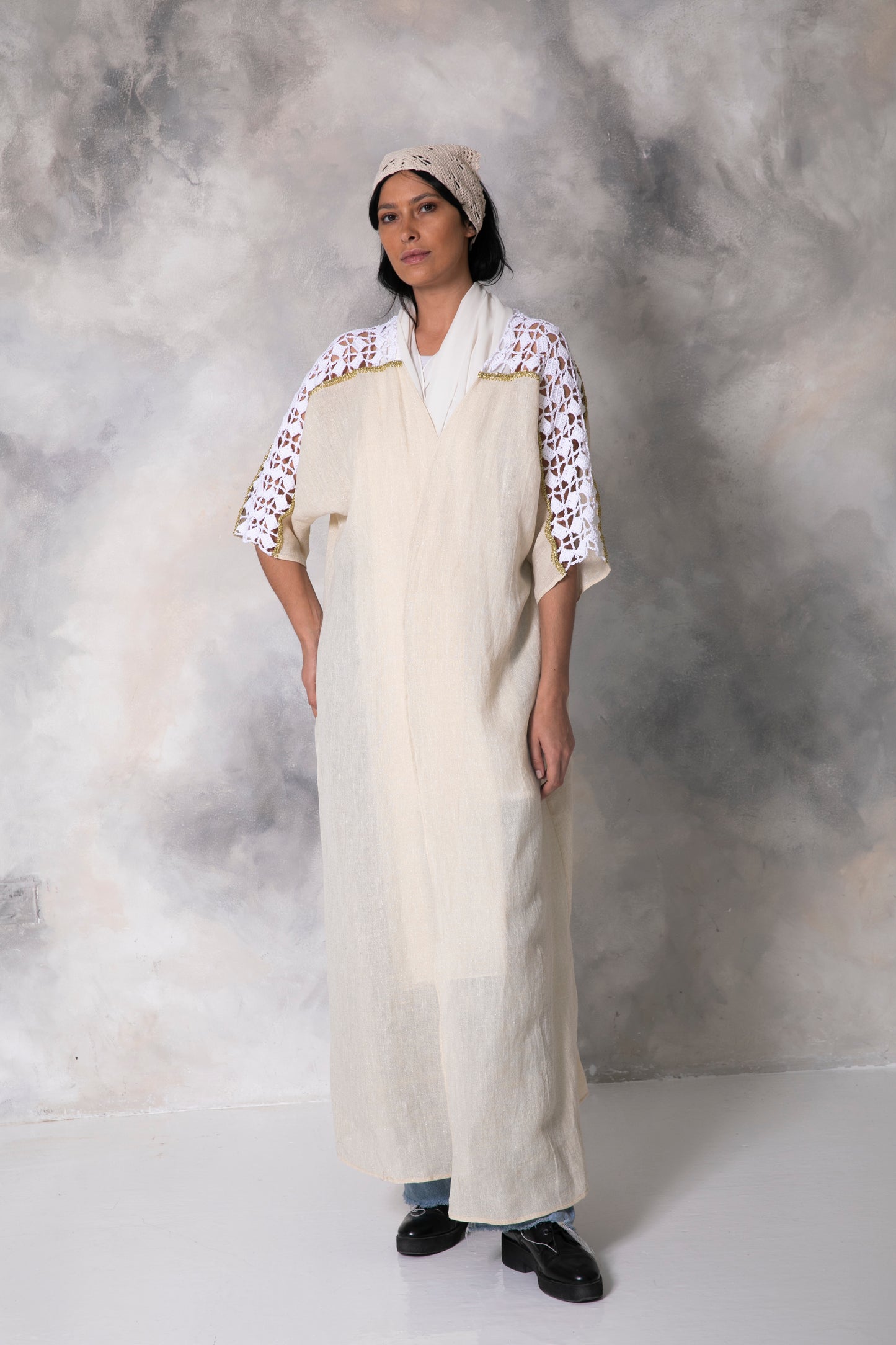 Linen gold shimmer abaya with handmade crochet