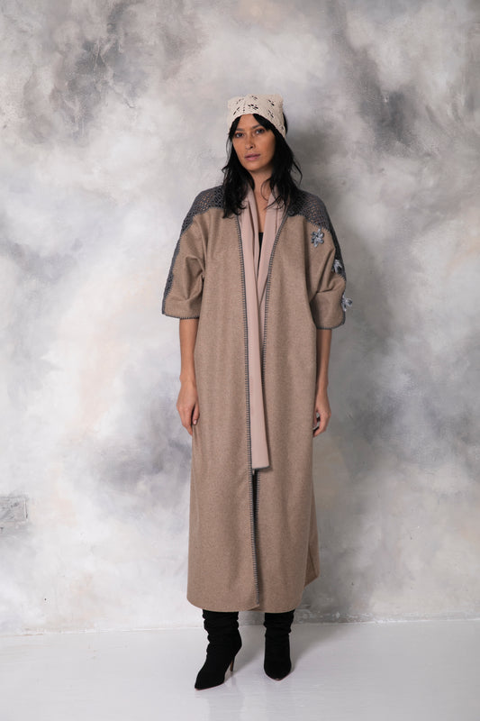 Brown wool coat with handmade crochet