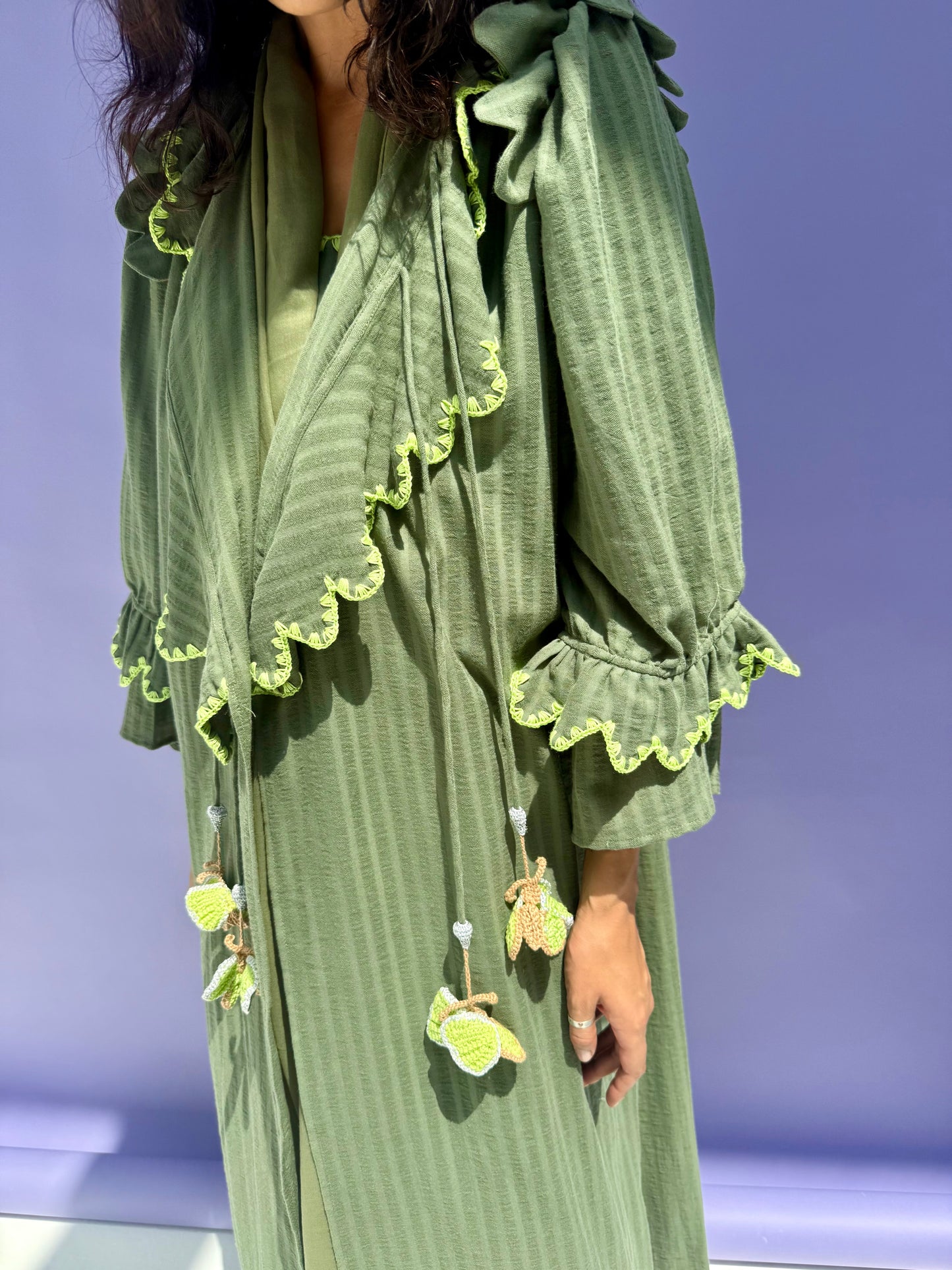 Stripe Muslin Butterfly Abaya set - Green