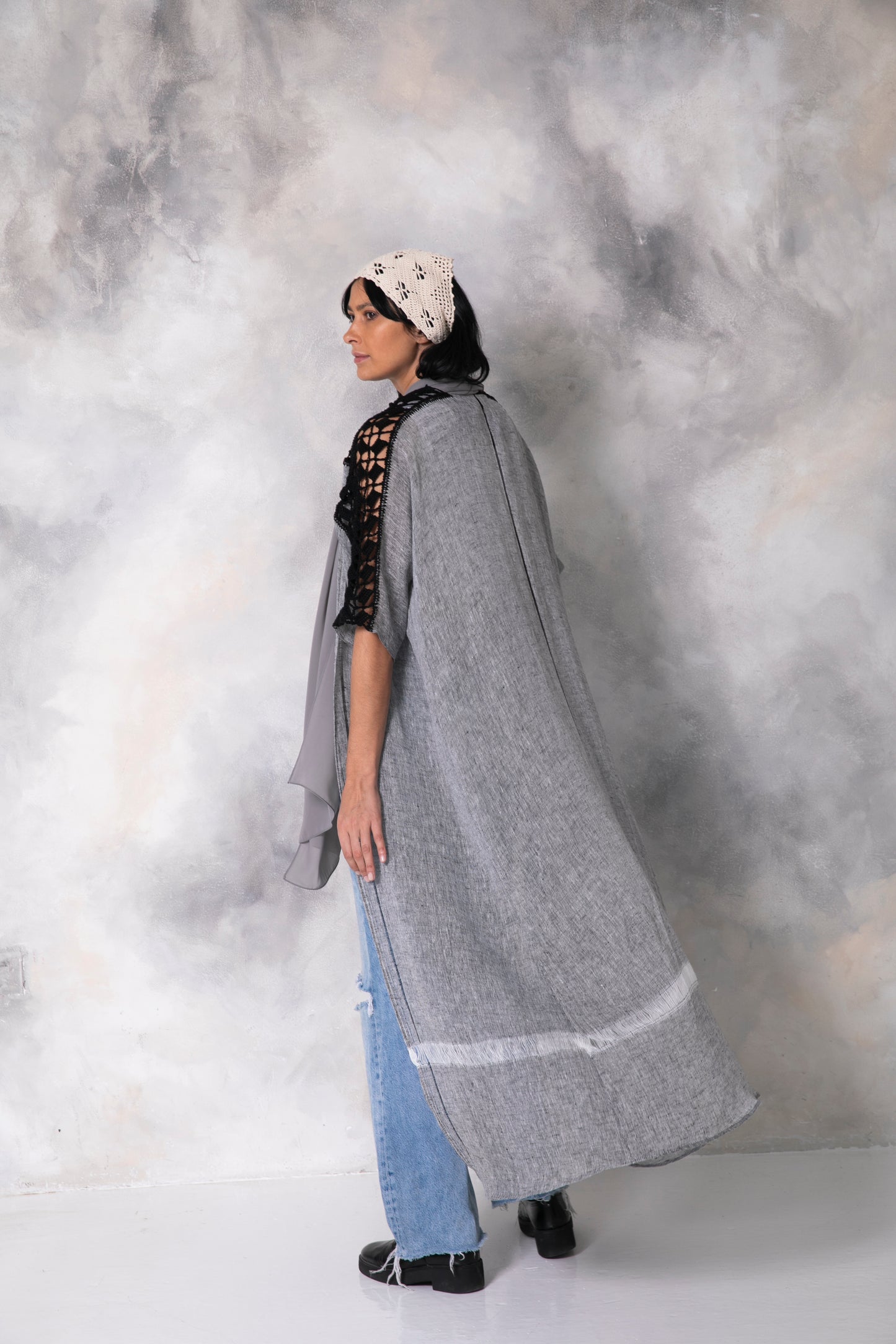Dark grey linen abaya with handmade crochet
