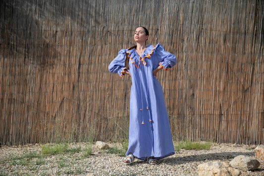Linen abaya with handmade crochet - Purple