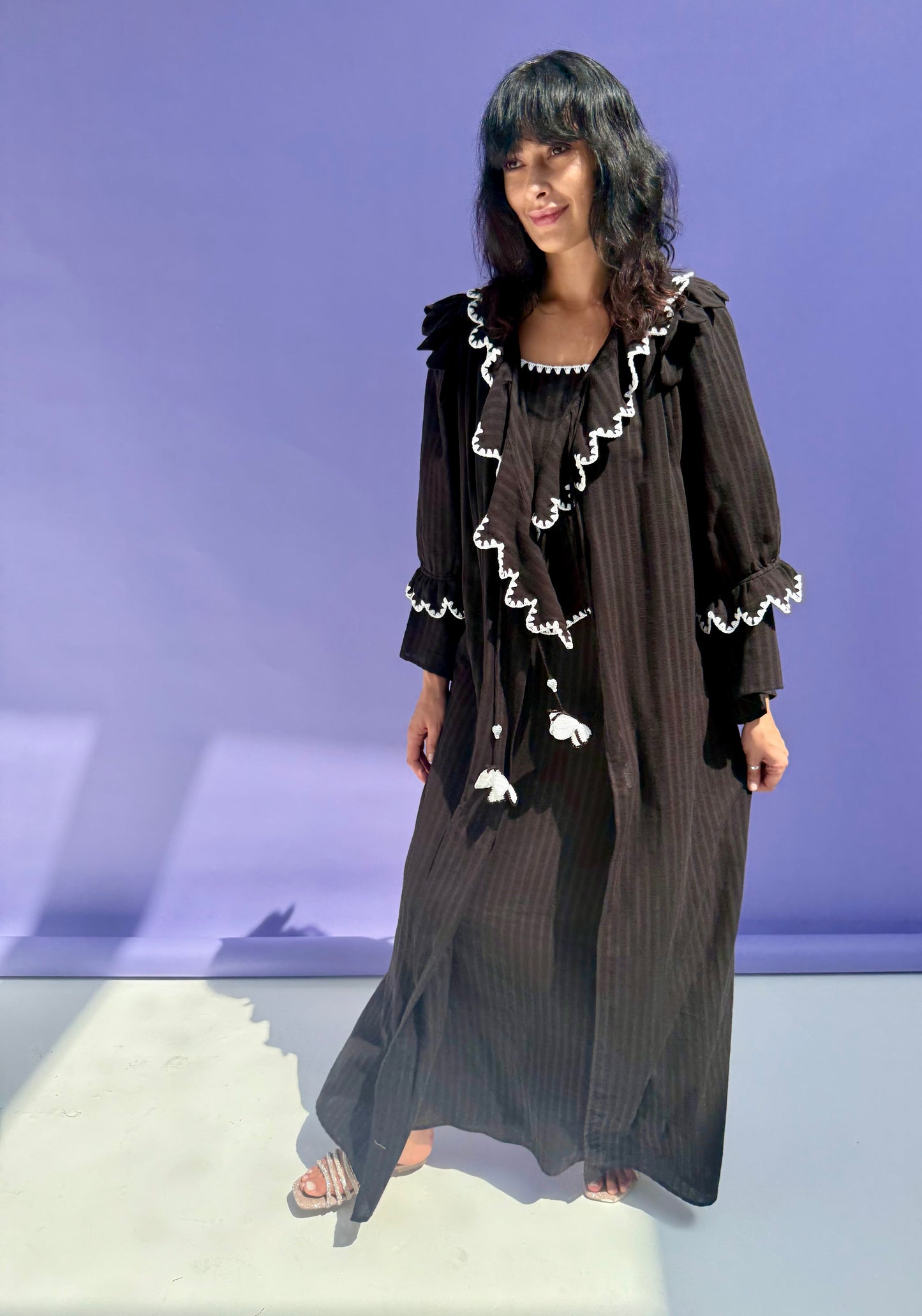 Stripe Muslin Butterfly Abaya Set - Black